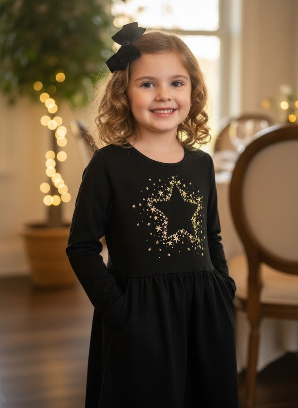 Cat & Jack Girls Black Cotton Dress XXL Gold Star Long Sleeve Casual Dress